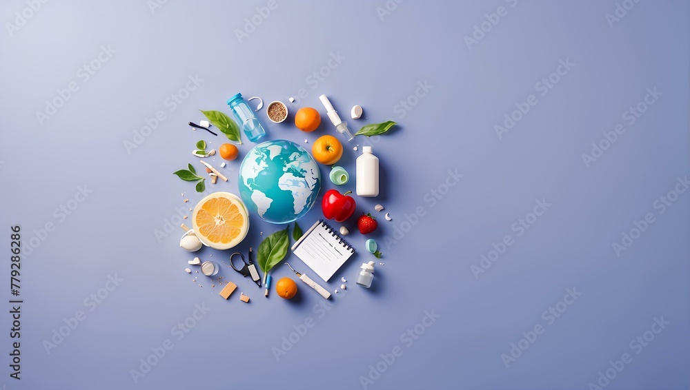 Obraz premium Global Health and Wellness: A conceptual arrangement of health and wellness essentials, including a globe, vitamins, fruits, essential oil bottles, and medical supplies.