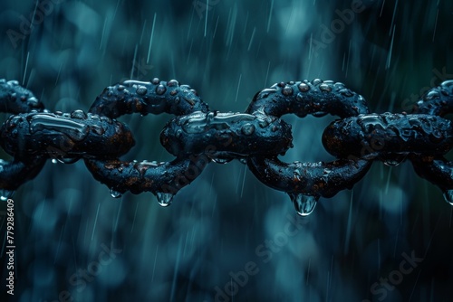 Close-Up of Raindrops Clinging to a Rusty Chain Against a Blurred Blue Background