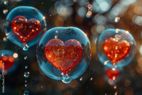 Floating Heart-Shaped Bubbles Sparkling Against a Warm Bokeh Background at Sunset