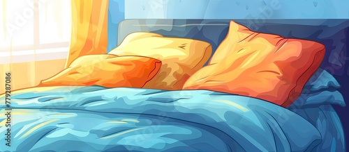 A bed in a room with azure linens and electric blue comforter, adorned with orange pillows in a rectangular shape. The color scheme creates a vibrant and cozy atmosphere