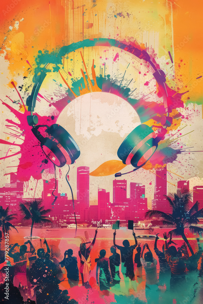 Obraz premium colorful summer party poster cityscape music festival with headphones and crowd 