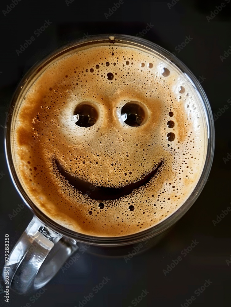 A glass coffee mug with a centered rim forming a smile. Happy smiley made with coffee foam in a glass cup on a black background. A glass coffee mug with a centered rim forming a smile. Happy smiley made with coffee foam in a glass cup on a black background.