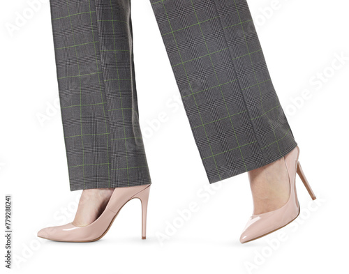 Businesswoman in beige shoes on white background, closeup