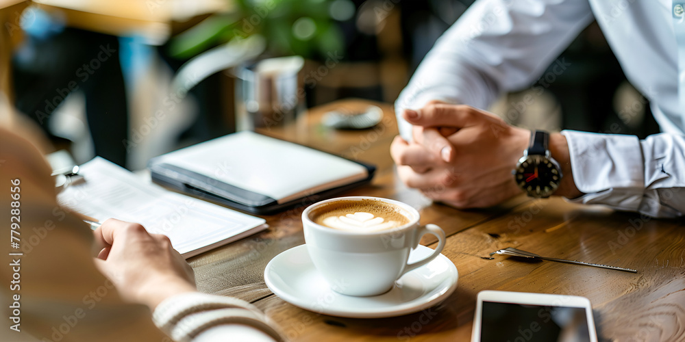 Business people at meeting in cafe having coffee break., Collaborative Decision-Making in Business Business people at meeting in cafe having coffee break., Collaborative Decision-Making in Business