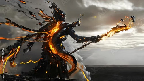 Amidst a raging sea of lava, a humanoid robot soldier stands engulfed in black flames. Fire and smoke billow from its entire body as the robot appears to have sustained heavy damage. photo