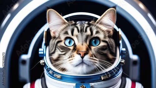 Cat astronaut in a spacesuit and astronaut helmet close-up on a flying machine. Space flight and space day concept
