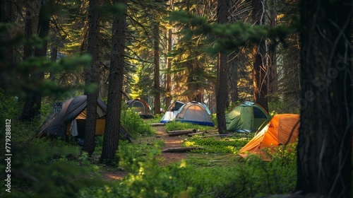 A campsite nestled in the heart of the forest, with tents pitched among the trees.