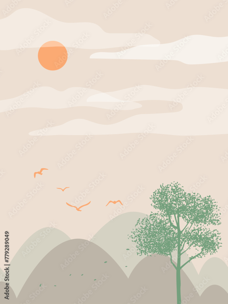 Mountain, sun and tree illustration
