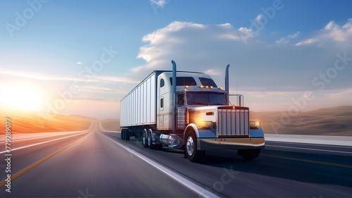 American style truck on freeway pulling load. Transportation logistics concept  © StellaPattaya