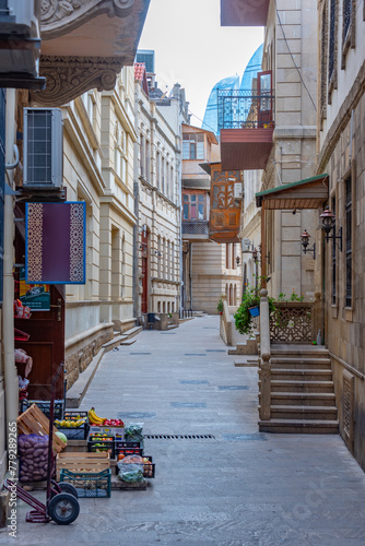 Sunrise view of a historical street in Baku, Azerbaijan