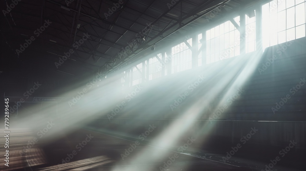 Radiant beams shining through a foggy stadium  AI generated illustration