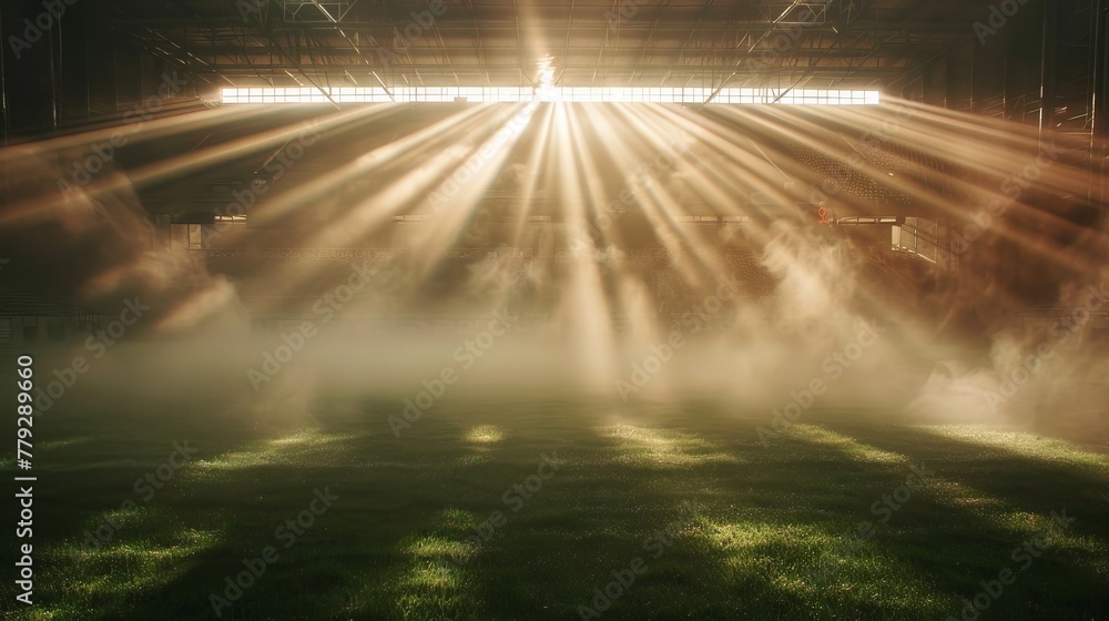 Radiant beams shining through a foggy stadium AI generated illustration