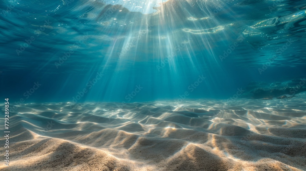 Rays of sunlight dancing on the sandy ocean floor AI generated illustration - obrazy, fototapety, plakaty 