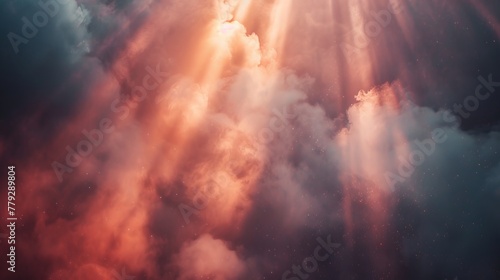 Rays of bright lights cutting through thick clouds o AI generated illustration