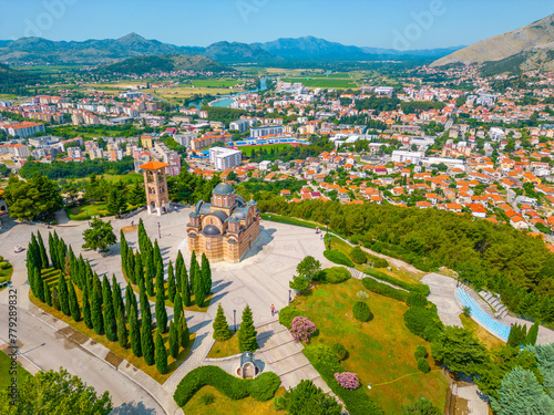Panorama view of Bosnian town Trebinje and Hercegovacka Gracanica Temple