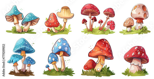 Collection of eggs and flowers with mushrooms, nature, food, and forest elements in a vibrant autumn illustration