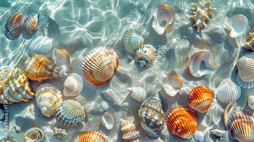 Seashells scattered whimsically across the sandy sea AI generated illustration
