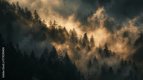 Shadows cast by the morning fog in a mountain forest AI generated illustration