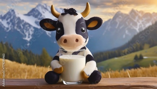 A toy cow or stuffed cow and a glass of milk.

