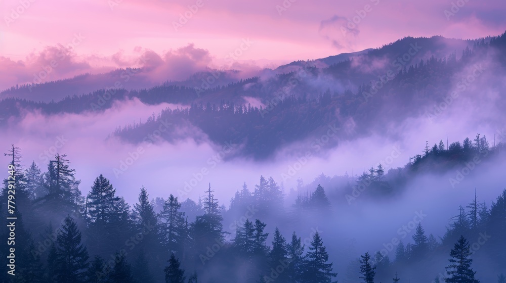 Soft hues of dawn illuminating a foggy mountain land  AI generated illustration