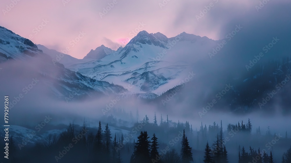 Soft hues of dawn illuminating a foggy mountain land AI generated illustration