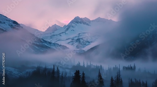 Soft hues of dawn illuminating a foggy mountain land AI generated illustration
