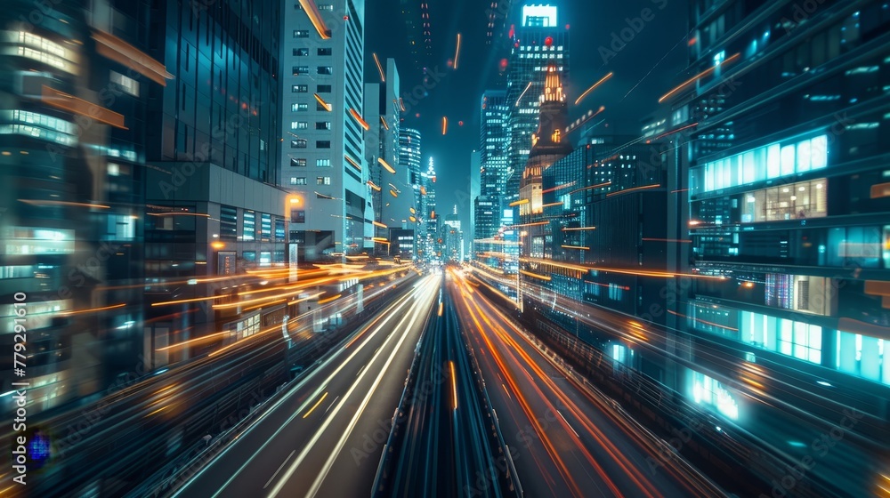 Speeding through a city of lights and technology in AI generated illustration Speeding through a city of lights and technology in AI generated illustration