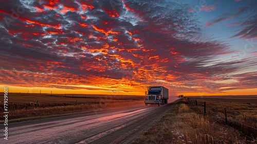 Spectacular sky colors framing a truck on a rural ro AI generated illustration