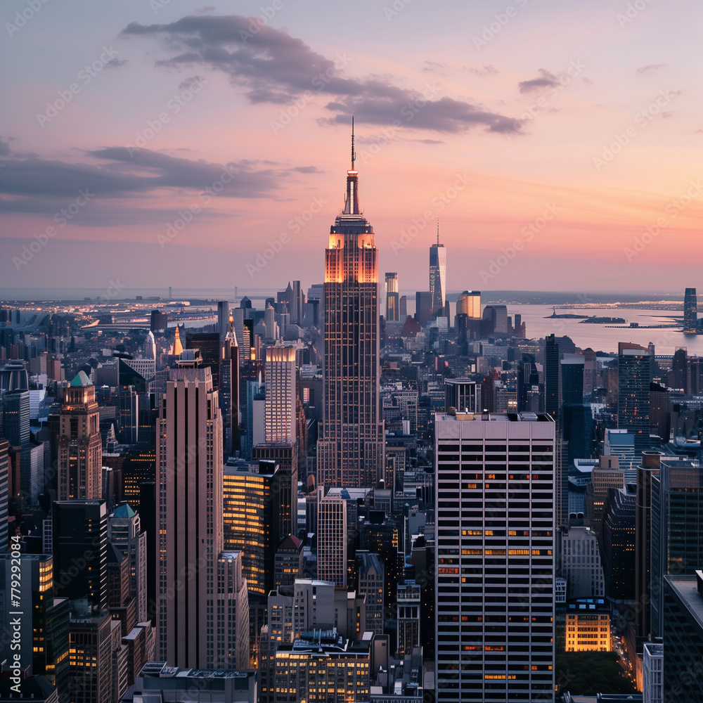Naklejka premium Sunset Over New York City Skyline with Iconic Skyscrapers