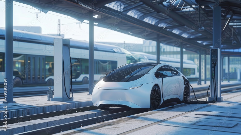 Sustainable car connected to power source at station  AI generated illustration