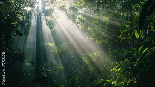Sunlight streaming through a dense forest canopy  AI generated illustration