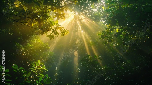 Sunlight streaming through a dense forest canopy  AI generated illustration