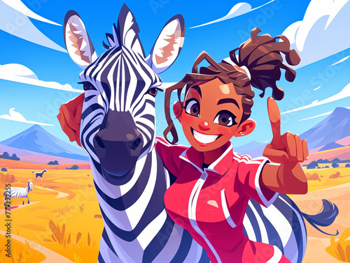 A woman is posing with a zebra in a field