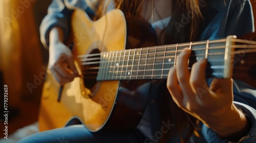 A girl is playing an acoustic guitar, a close-up of her hands and the guitar strings.