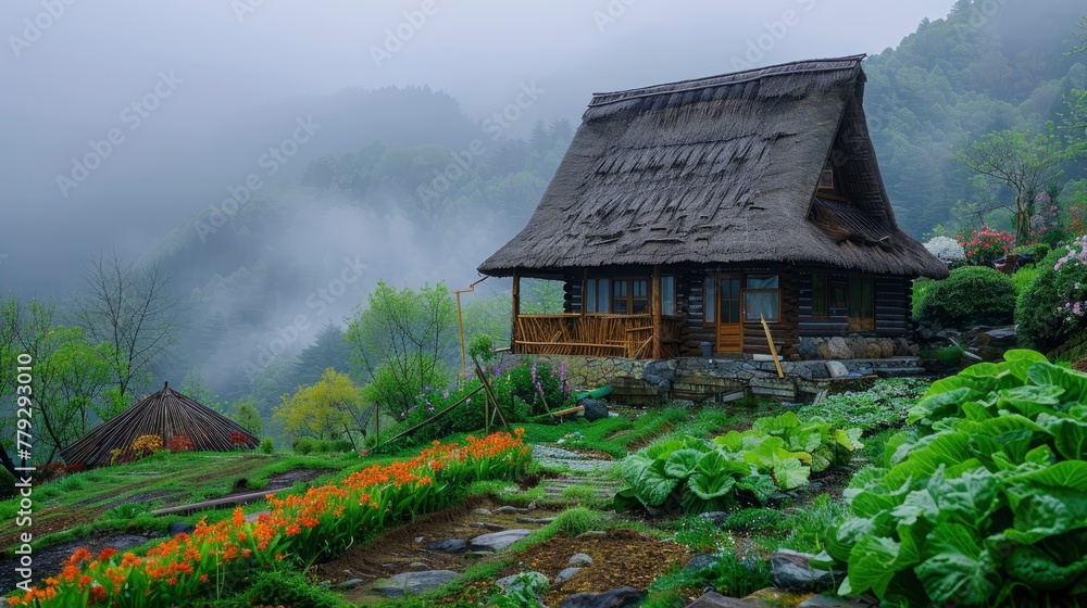 yamanoma, a thatched cottage built on a mountain, small vegetable garden, so green., rainy weather, clear image quality, shooting on a hillside, colorful flowers - generative ai