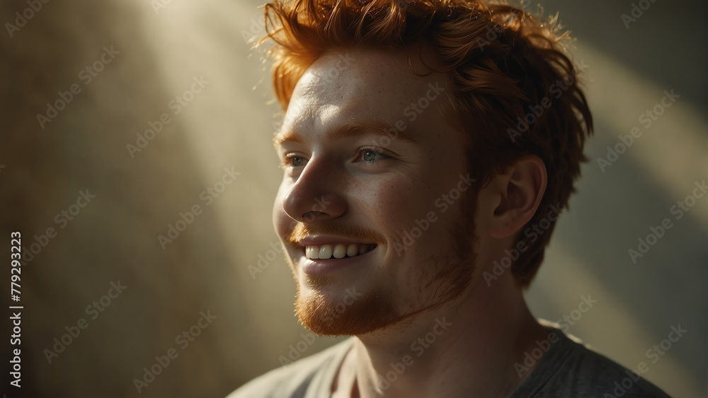 Fototapeta premium young red head man smiling with bright sunshine rays and copy space from Generative AI