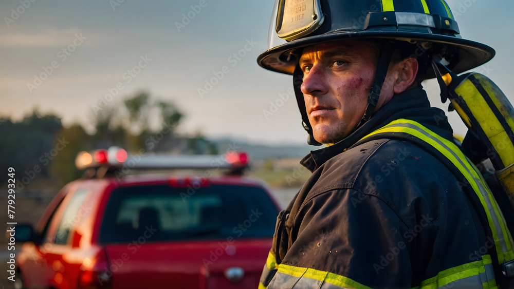 Portrait of a firefighter in an emergency Portrait of a firefighter in an emergency