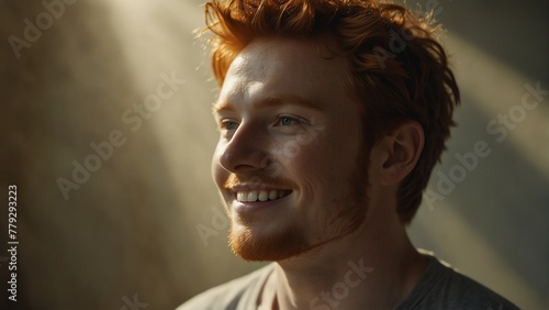 young red head man smiling with bright sunshine rays and copy space from Generative AI