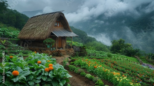 yamanoma, a thatched cottage built on a mountain, small vegetable garden, so green., rainy weather, clear image quality, shooting on a hillside, colorful flowers - generative ai