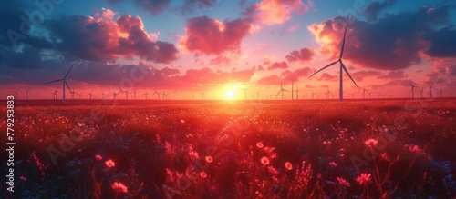 solar power plant and wind generator ith photovoltaic panels and electric turbine at sunset photo