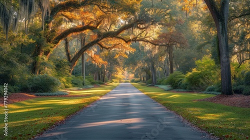 stunning streets lined with ancient live oaks draped in moss photo