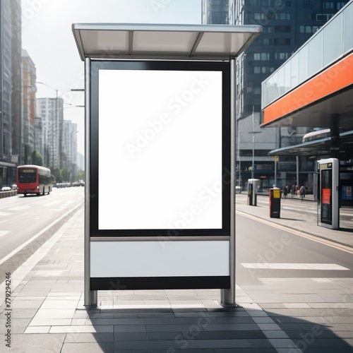 A blank white billboard at bus stop on street, for advertising mockups and urban city concepts and presentations. Mock up Billboard Media Advertising Poster banner template at Bus Station city street