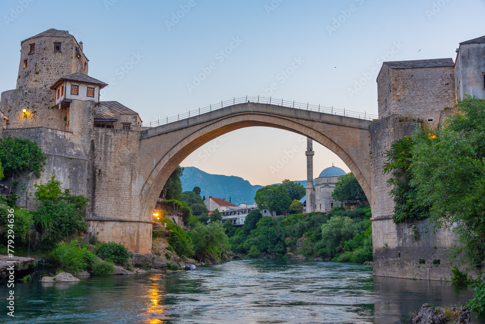 Sunrise view of the old Mostar bridge in Bosnia and Herzegovina Sunrise view of the old Mostar bridge in Bosnia and Herzegovina