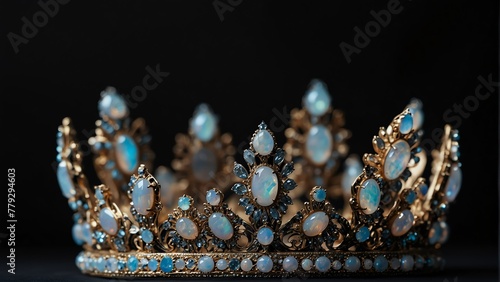 a royal crown with opal shiny sparkling gemstones on plain black background from Generative AI