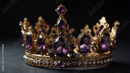 a royal crown with purple amethyst shiny sparkling gemstones on plain black background from Generative AI