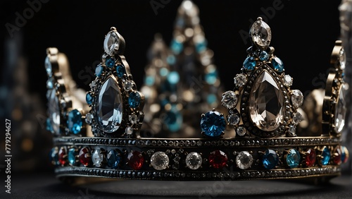 a royal crown with quartz shiny sparkling gemstones on plain black background from Generative AI