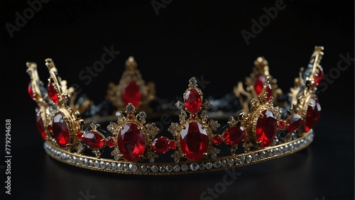 a royal crown with red ruby shiny sparkling gemstones on plain black background from Generative AI