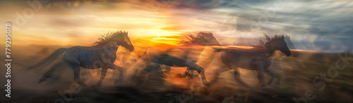 Double exposure of wild horses in blurred motion in a dramatic sunset. #779295078