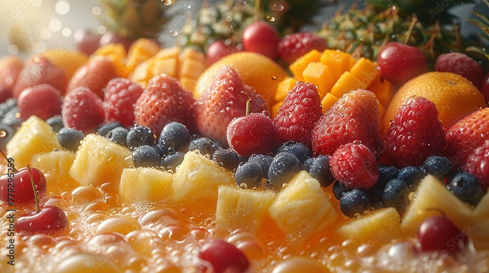 There are a variety of tropical fruits and mixed berries in this image, topped with syrup and juice. Watermelon, banana, pineapple, strawberry, orange, mango, blueberry, cherry, raspberry, papaya. A There are a variety of tropical fruits and mixed berries in this image, topped with syrup and juice. Watermelon, banana, pineapple, strawberry, orange, mango, blueberry, cherry, raspberry, papaya. A