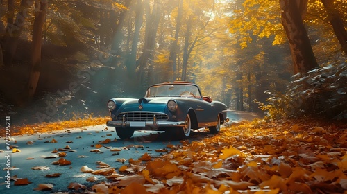 Fall Foliage Journey in a Classic Convertible./n